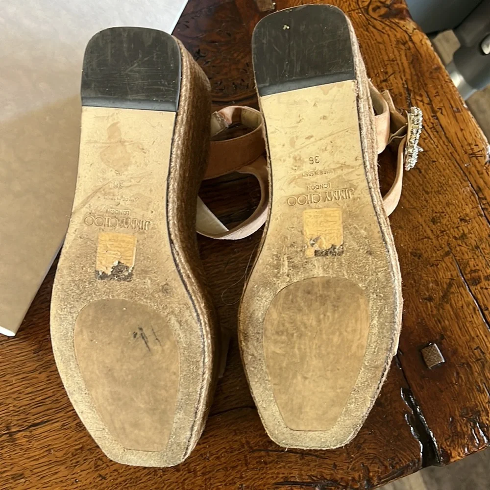 Jimmy Choo Beige Suede Espadrille Wedge Sandals with Crystal Buckle